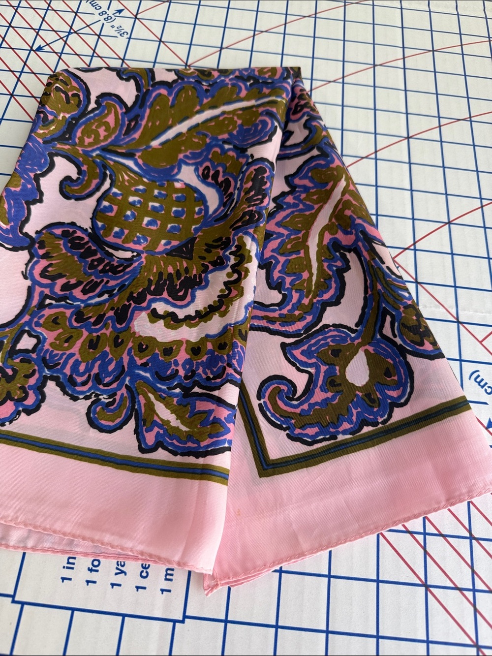Vintage 60s 70s Floral Scarf 26” Pink Olive Blue Jacobean Print